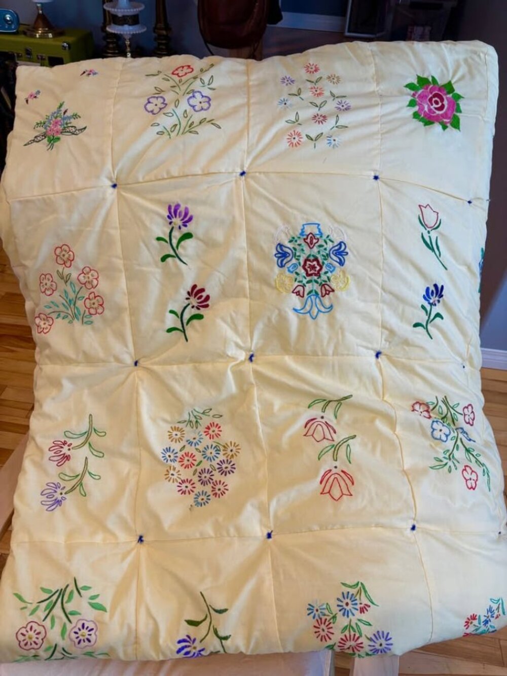 Beautiful Hand-Embroidered Yellow Floral Quilt 75" x 84"